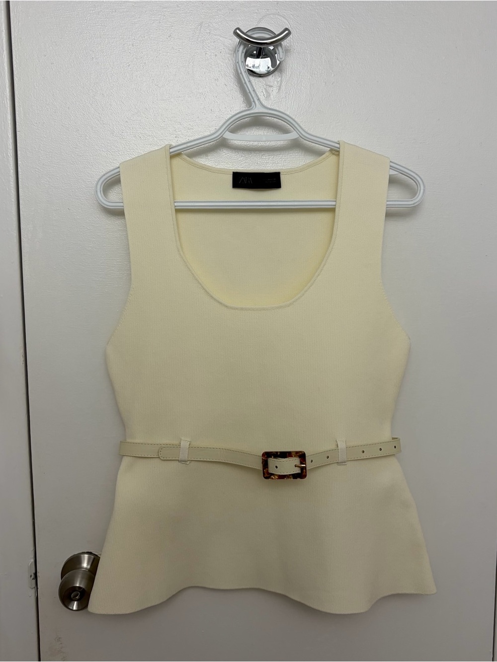 Zara Ribbed Cream Sleeveless Belted Peplum Dress Top with Belt Womens size M 28